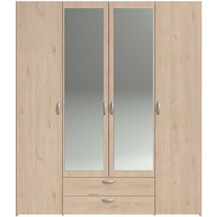 Armoire VARIA - DÈcor chene - 4 portes - 2 tiroirs - Portes centrales avec miroirs - 159,9 x 185 x 51,7