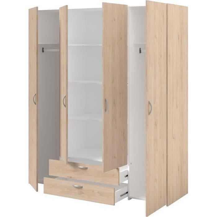 Armoire chambre VARIA - Décor chene - 4 portes  battantes + 2 tiroirs - L 159,9 cm x P 51,3 cm x H 185 cm