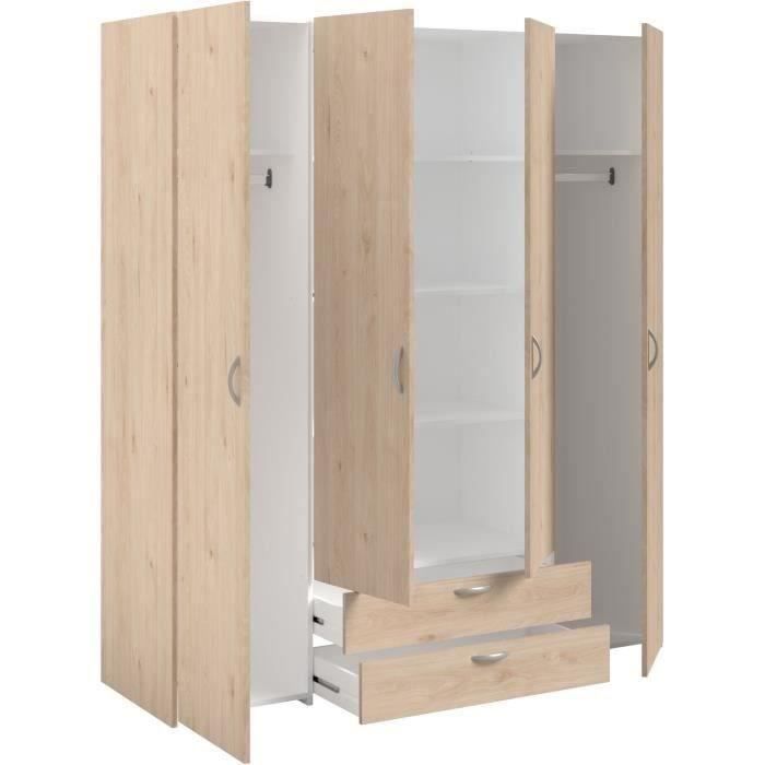 Armoire chambre VARIA - Décor chene - 4 portes  battantes + 2 tiroirs - L 159,9 cm x P 51,3 cm x H 185 cm