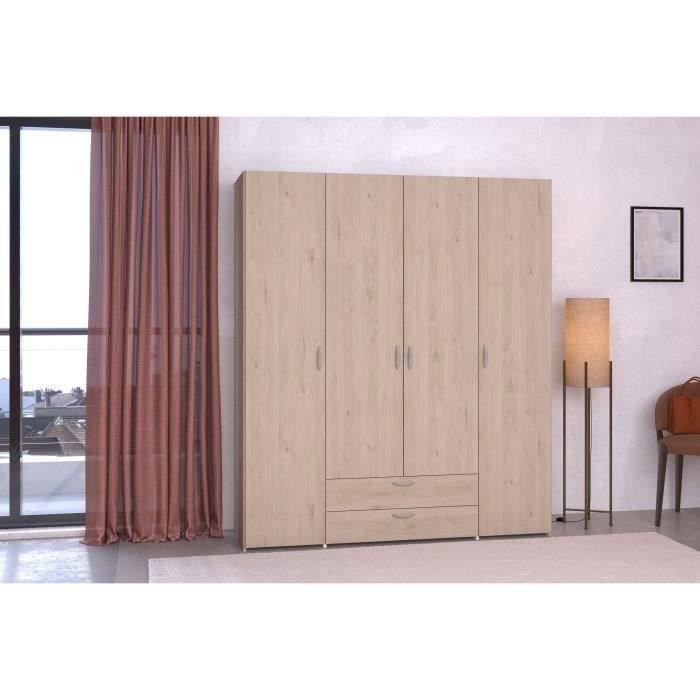 Armoire chambre VARIA - Décor chene - 4 portes  battantes + 2 tiroirs - L 159,9 cm x P 51,3 cm x H 185 cm