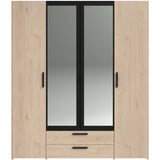 Armoire VARIA - 4 portes battantes + 2 miroirs + 2 tiroirs - Décor chene et noir - L160 x H 185 x P 51.7 cm