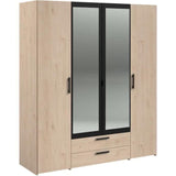Armoire VARIA - 4 portes battantes + 2 miroirs + 2 tiroirs - Décor chene et noir - L160 x H 185 x P 51.7 cm