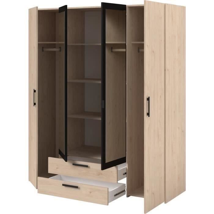 Armoire VARIA - 4 portes battantes + 2 miroirs + 2 tiroirs - Décor chene et noir - L160 x H 185 x P 51.7 cm