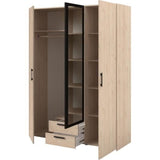 Armoire VARIA - Décor chene et noir - 3 portes battantes + 2 tiroirs + 1 miroir - L 150 x H 200 x P 51 cm