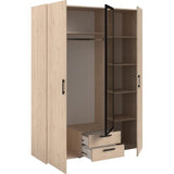 Armoire VARIA - Décor chene et noir - 3 portes battantes + 2 tiroirs + 1 miroir - L 150 x H 200 x P 51 cm