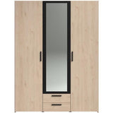Armoire VARIA - Décor chene et noir - 3 portes battantes + 2 tiroirs + 1 miroir - L 150 x H 200 x P 51 cm