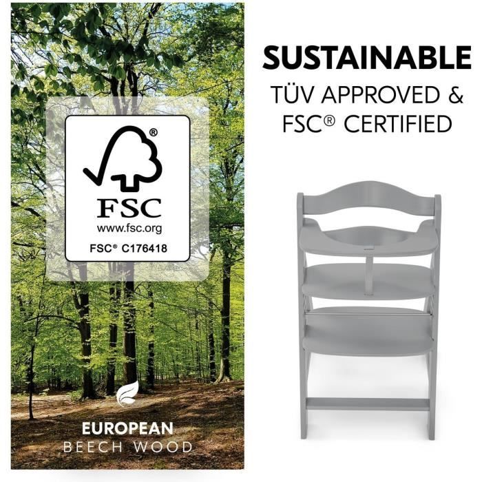 Chaise haute - HAUCK - ALPHA+B - Evolutive - De 6 mois a 90 kg - Bois FSC - Harnais 5 points - Gris