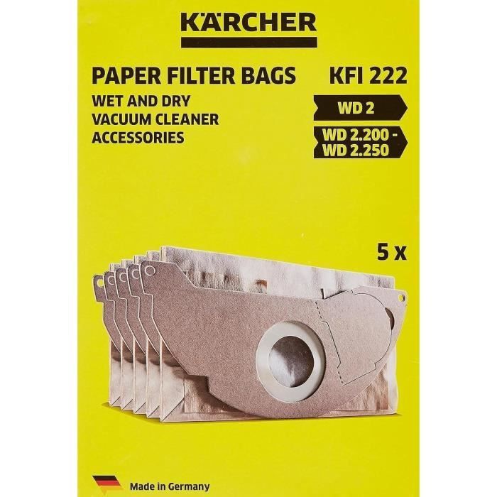 Sachet filtre papier a deux épaisseurs pour KARCHER WD2200 / A2003 / 2004 / 2054Me - paquet de 5 pieces
