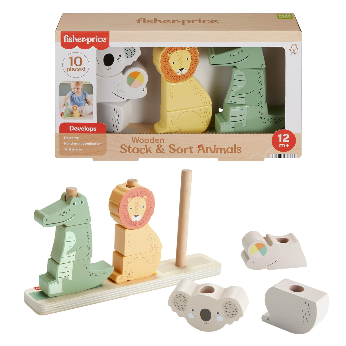 Fisher-Price-Animaux en Bois a Empiler et Trier, 10 pieces HXV04