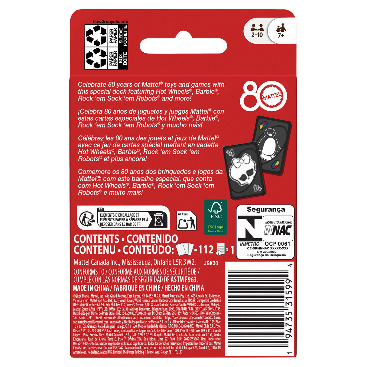 UNO - Jeu de cartes Rouge Rubis - 80eme anniversaire de Mattel - Pour toute la famille - UNO - JGK30