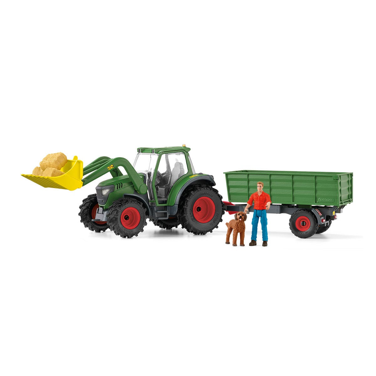 Tracteur et remorque, Coffre schleich avec 1 tracteur, 1 rremorque,  1 figurine humaine articulée, 1 figurine chien, pour enfants