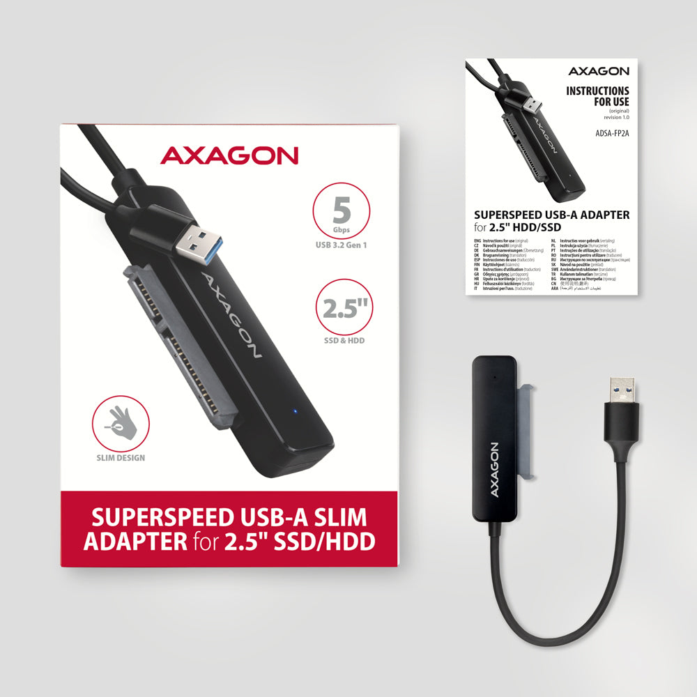 Adaptateur USB 3.2 Axagon ADSA-FP2A vers S-ATA 2,5" SSD/HDD auto-alimenté