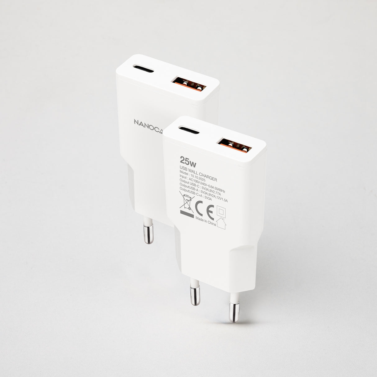 Chargeur secteur Nanocable 1x USB-C + 1x USB-A 25W (blanc)