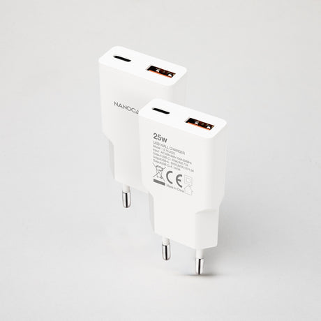 Chargeur secteur Nanocable 1x USB-C + 1x USB-A 25W (blanc)