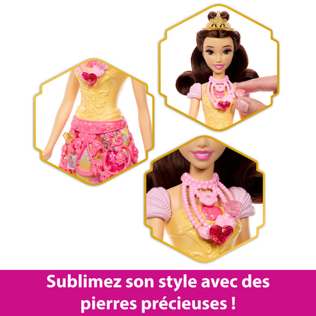 Poupée Jewel Reveal Belle, Accessoires avec 8 surprises, 1 boîte a bijoux en forme de coeur, 1 bague pour enfant et 9 éléments, JHL51