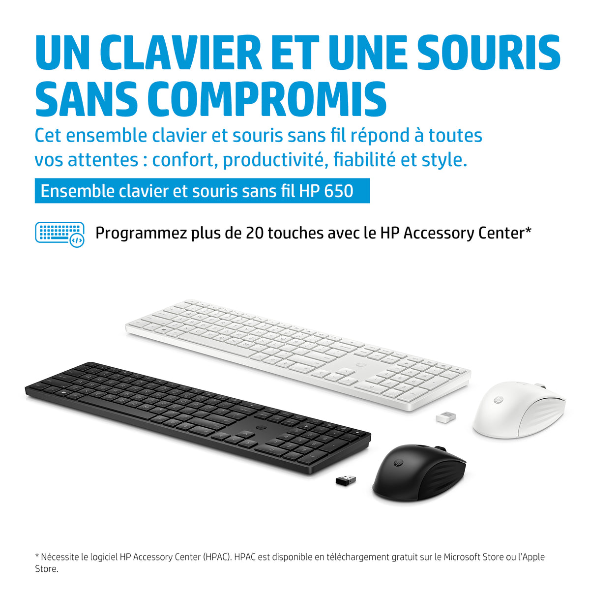Ensemble Clavier Souris sans fil HP 650 - AZERTY - Noir