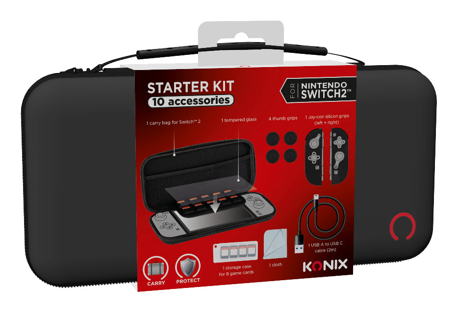Pack d'accessoires gaming - KONIX - Nintendo Switch 2 - Housse - 4 appuie-pouces - Verre trempé - Boîtier 9 jeux - Écouteurs