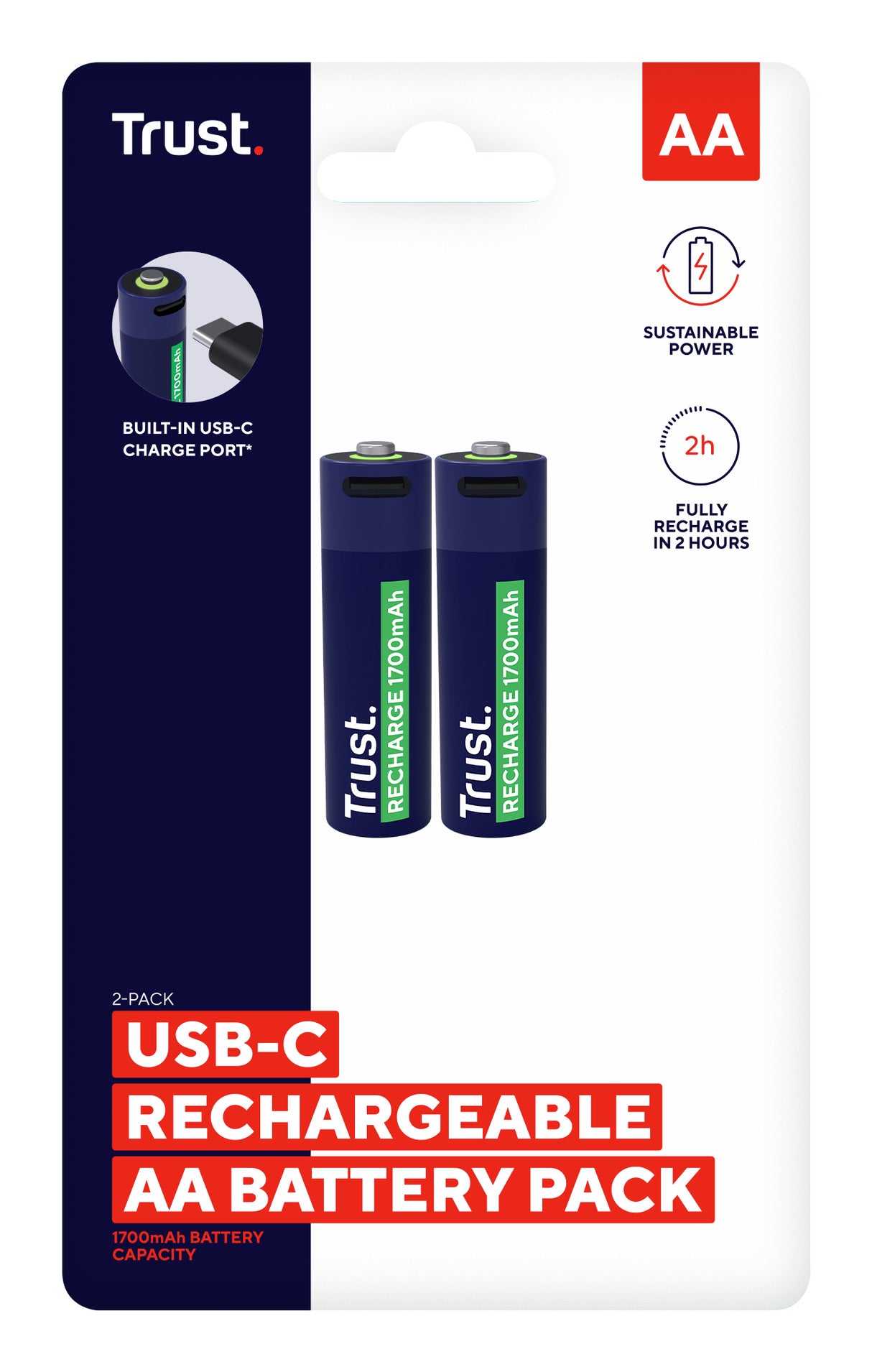 Pack de 2 piles rechargeables par USB-C Trust type AA - 1700 mAh (R06)