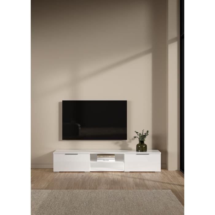 Meuble TV - MATCH - Blanc laqué brillant - 2 tiroirs, une niche - 172,7 x 39,9 x 33,1 cm