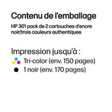 HP 301 Pack de 2 cartouches d'encre noire et trois couleurs authentiques (N9J72AE) pour HP Envy 4505, DeskJet 1050/1512/2548/3057A