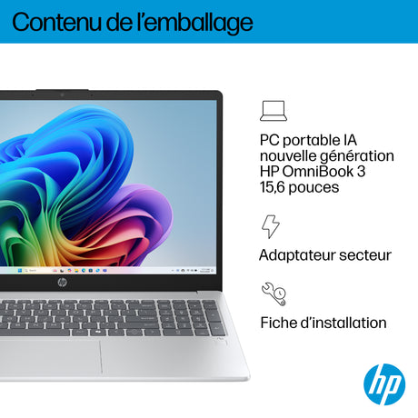 PC Portable HP Omnibook 3 15-fn0021nf - Windows 11 - 15,6 FHD IPS - Ryzen AI 5 340 - RAM 24Go - Stockage 512Go SSD - AZERTY