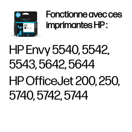 HP 62 Cartouche d'encre noire authentique (C2P04AE) pour HP Officejet Mobile 250, HP Envy 5540/5640/7640, HP Officejet 5740 e-AiO