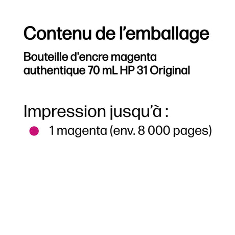 HP 31 Bouteille d'encre magenta authentique 70 mL (1VU27AE) pour HP Smart Tank 455/457/513/Plus 555/Plus 559/Plus 570/Plus 655