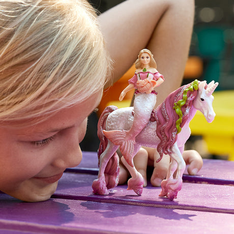 Figurine schleich Sirene Feya sur licorne de mer- Set de 3 Pieces  - Figurines Poupée Princesse Scintillante et Licorne avec