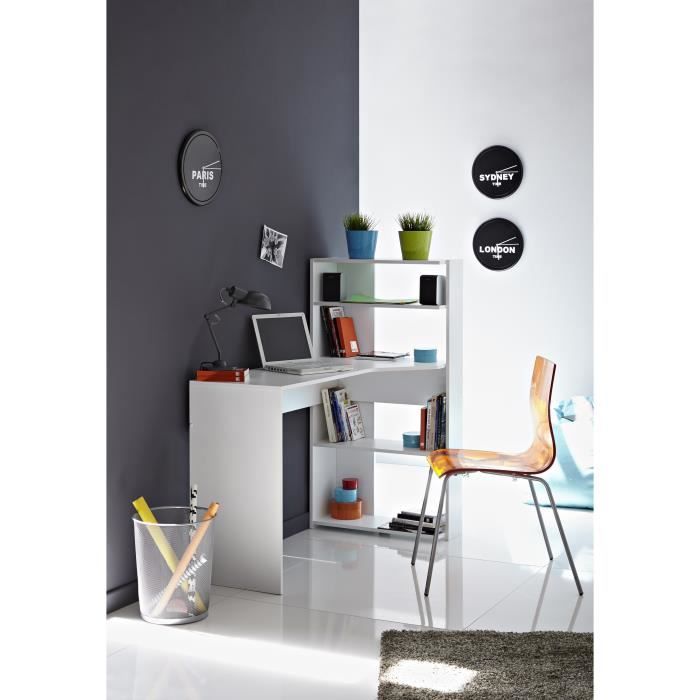 Bureau d'angle contemporain PARISOT JUNE - Blanc - L 122 cm - 1 plateau, 2 tablettes