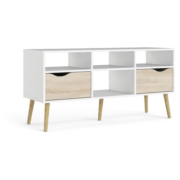 Meuble TV - 4 niches 2 tiroirs - Blanc / Chene - 117,2 x 39,1 x 57,4 cm ARO