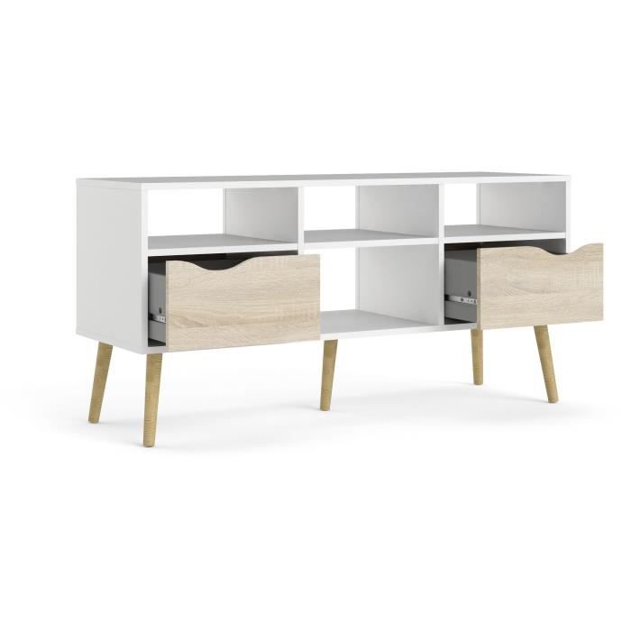Meuble TV - 4 niches 2 tiroirs - Blanc / Chene - 117,2 x 39,1 x 57,4 cm ARO