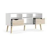 Meuble TV - 4 niches 2 tiroirs - Blanc / Chene - 117,2 x 39,1 x 57,4 cm ARO