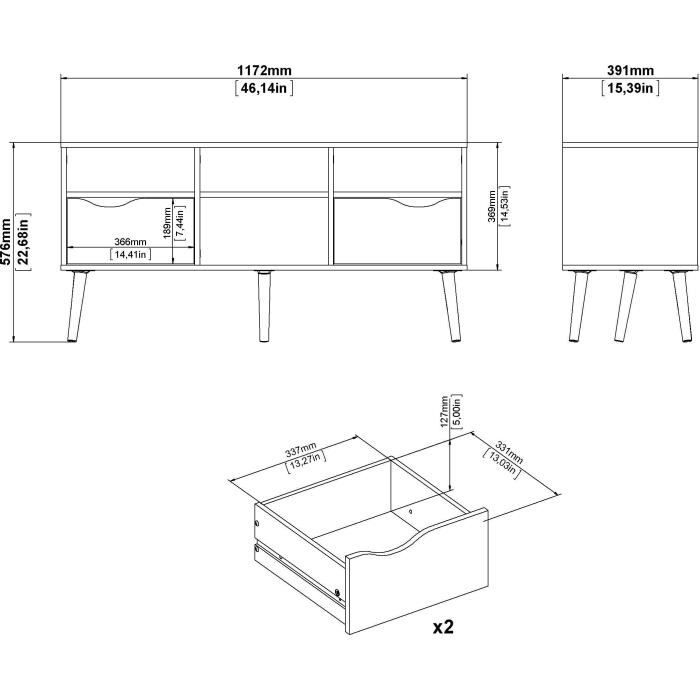 Meuble TV - 4 niches 2 tiroirs - Blanc / Chene - 117,2 x 39,1 x 57,4 cm ARO
