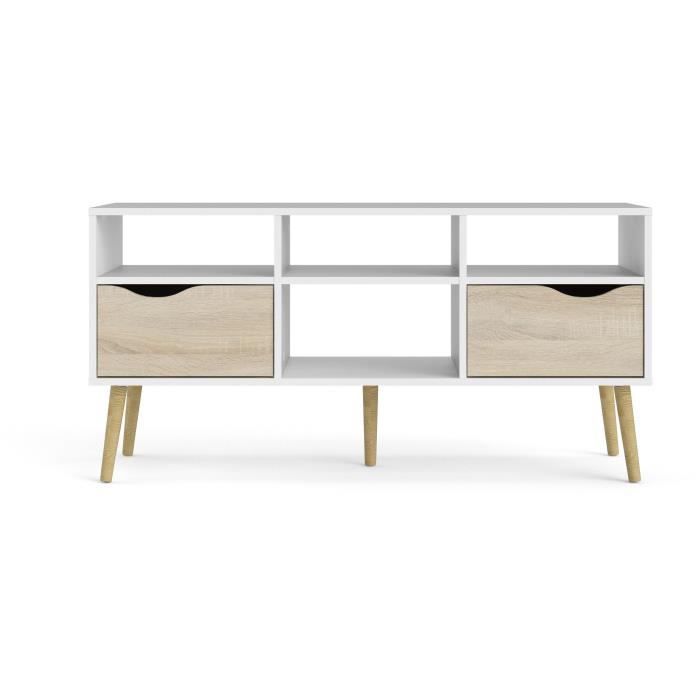 Meuble TV - 4 niches 2 tiroirs - Blanc / Chene - 117,2 x 39,1 x 57,4 cm ARO