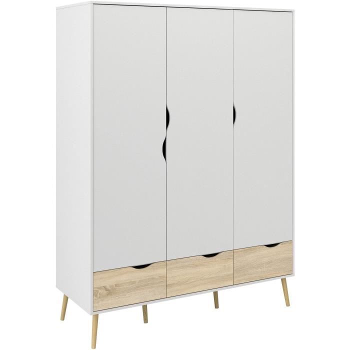 Armoire - Blanc / Chene - 3 portes / 3 tiroirs - Pietement ÈvasÈ en bois massif - Chambre - 147,2 x 58,1 x 200,1 cm ARO