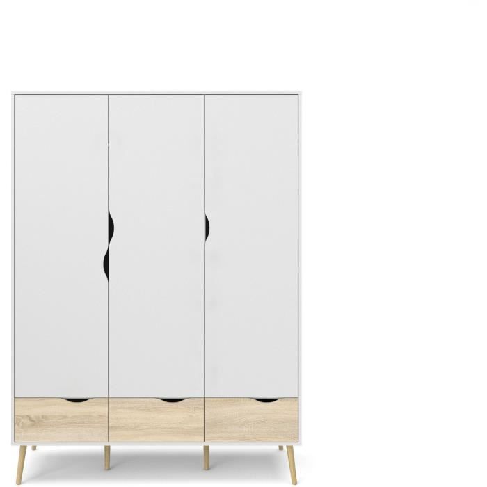 Armoire - Blanc / Chene - 3 portes / 3 tiroirs - Pietement ÈvasÈ en bois massif - Chambre - 147,2 x 58,1 x 200,1 cm ARO