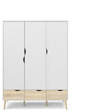 Armoire - Blanc / Chene - 3 portes / 3 tiroirs - Pietement ÈvasÈ en bois massif - Chambre - 147,2 x 58,1 x 200,1 cm ARO