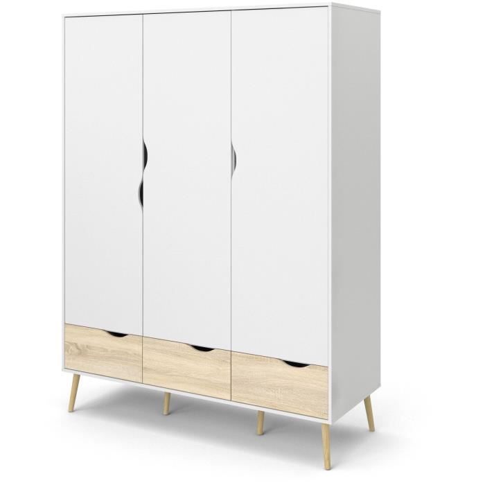 Armoire - Blanc / Chene - 3 portes / 3 tiroirs - Pietement ÈvasÈ en bois massif - Chambre - 147,2 x 58,1 x 200,1 cm ARO