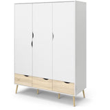 Armoire - Blanc / Chene - 3 portes / 3 tiroirs - Pietement ÈvasÈ en bois massif - Chambre - 147,2 x 58,1 x 200,1 cm ARO