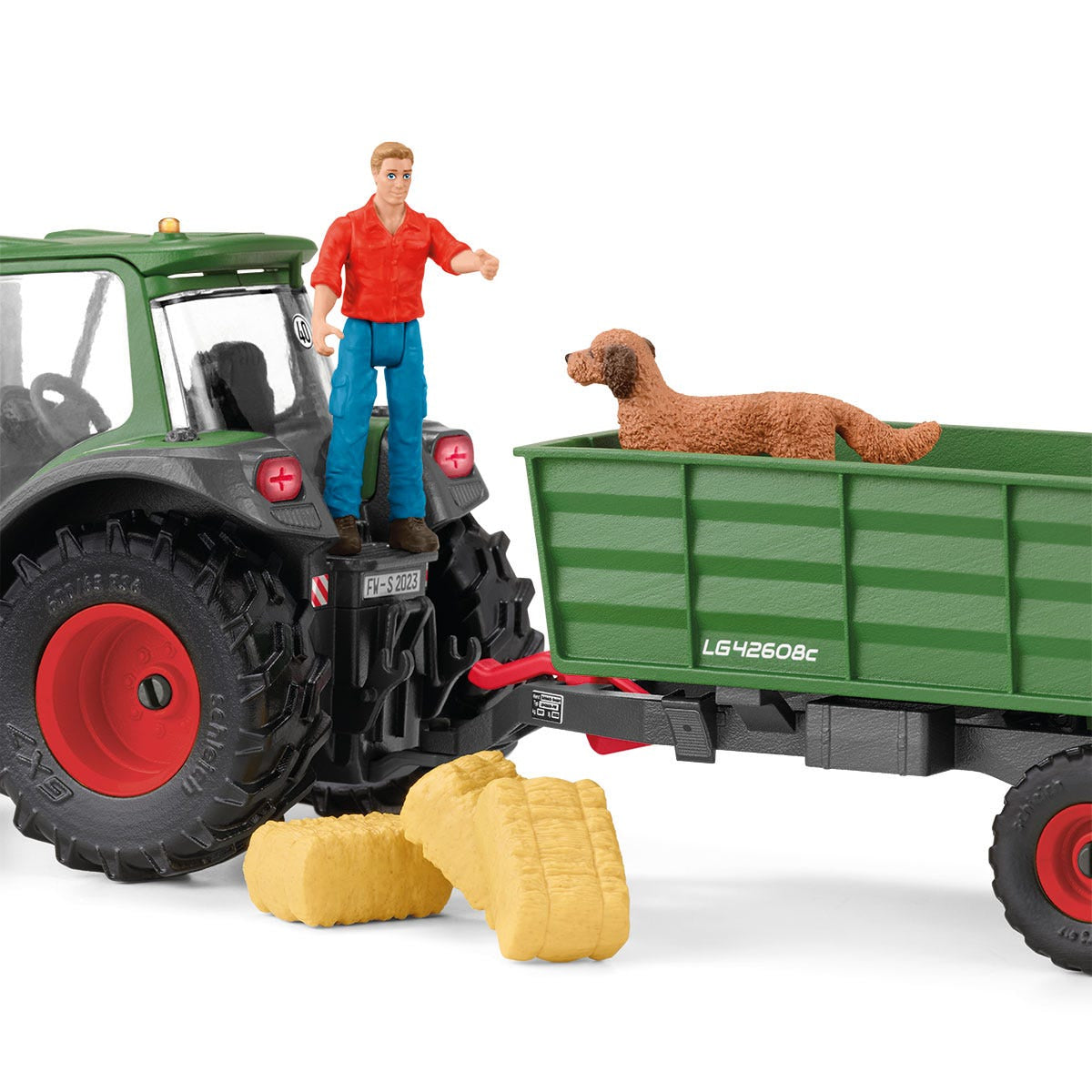 Tracteur et remorque, Coffre schleich avec 1 tracteur, 1 rremorque,  1 figurine humaine articulée, 1 figurine chien, pour enfants