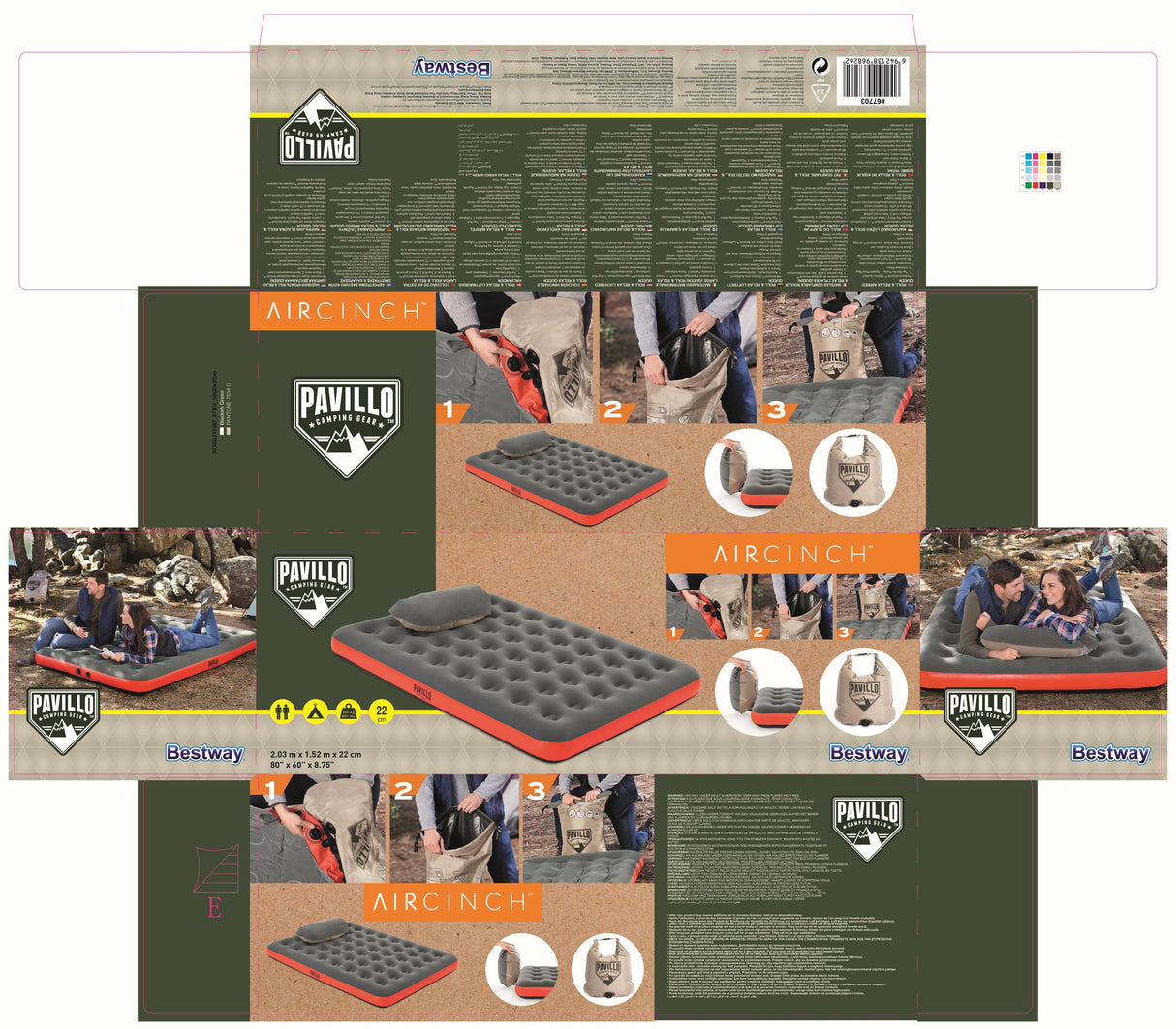BESTWAY Matelas gonflable camping Pavillo - 2 places Roll & Relax - 203 x 183 x 22 cm - Avec sac de gonflage