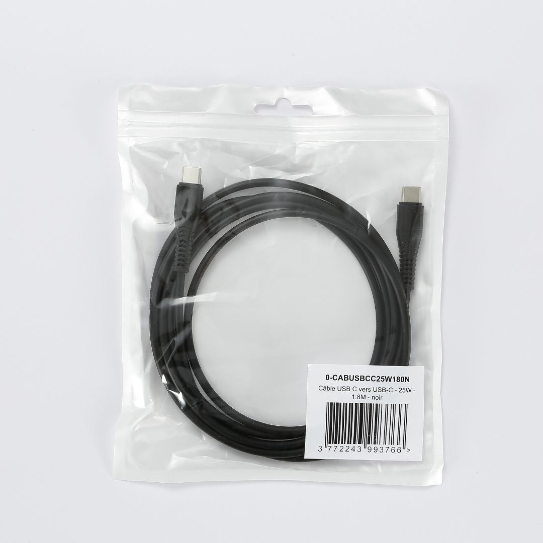 C ble USB-C/USB-C 2.0 Male/Male - 25W - Longueur 1.80M - Noir - en sachet