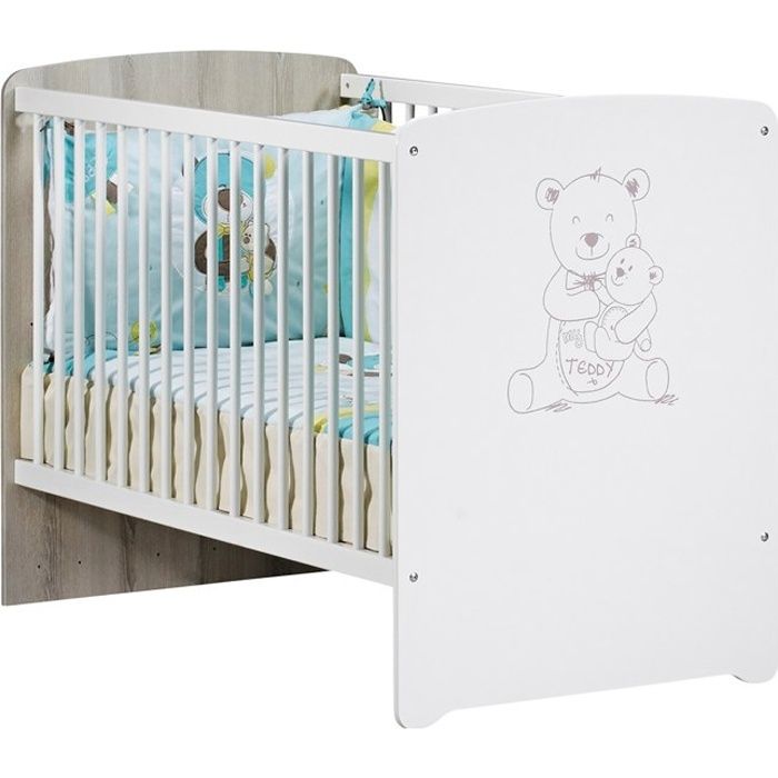 Baby bed - 120 x 60 cm - Babyprice Teddy - Bear screen print - White wood