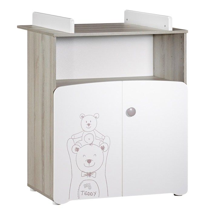 Changing table - Babyprice - Teddy - White wood - Bear screen printing - 2 doors - 97x76x66cm