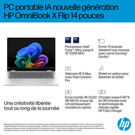 PC Portable HP OmniBook X Flip 2-en-1 14-fm0009nf - Windows 11 - 14 2K OLED - Core Ultra 5 226V - RAM 16Go - 512Go SSD - AZERTY