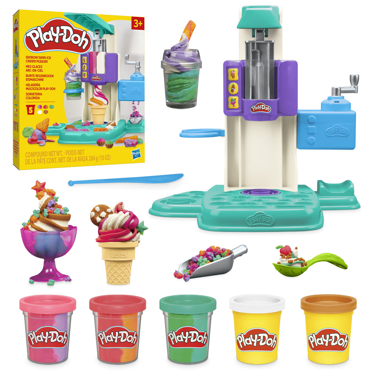 PlayDoh Mes Glaces Arc-en-Ciel, Pâte a modeler, Machine a Creme Glacée factice, 5 pots de 56 g  et accessoires, des 3 ans
