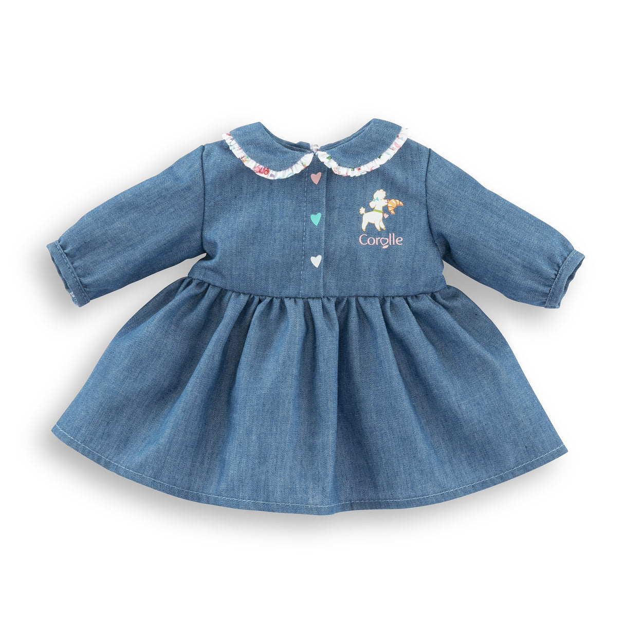Robe Week-end a Paris - Corolle - 30 cm - Imitation denim - Col claudine - Broderies coeurs