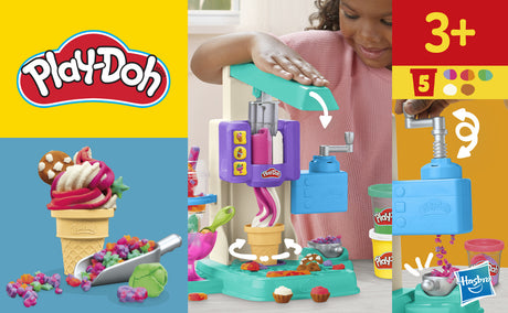 PlayDoh Mes Glaces Arc-en-Ciel, Pâte a modeler, Machine a Creme Glacée factice, 5 pots de 56 g  et accessoires, des 3 ans