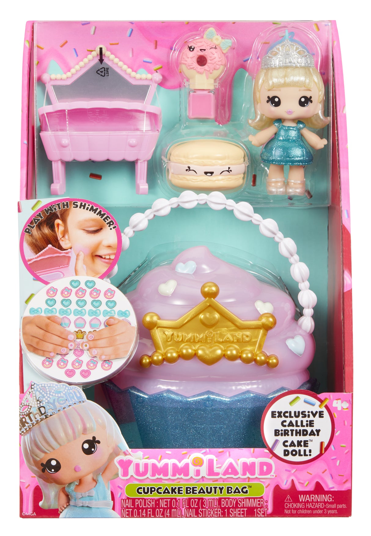 Yummiland Beauty Bag Playset + Lip Gloss Doll - Cupcake Bag - avec Callie Birthday Cake Exclusive, Vernis + Stickers a Ongles, 4 ans