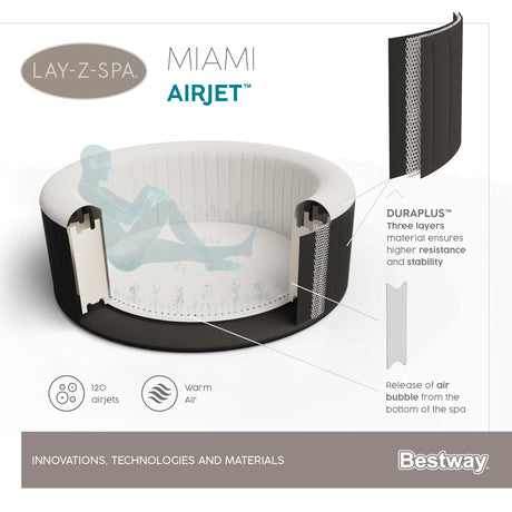 Spa gonflable BESTWAY - Lay-Z-Spa Miami - 120 airjets - 180 x 66 cm - 2 a 4 places - Rond (couverture, cartouche, diffuseur)